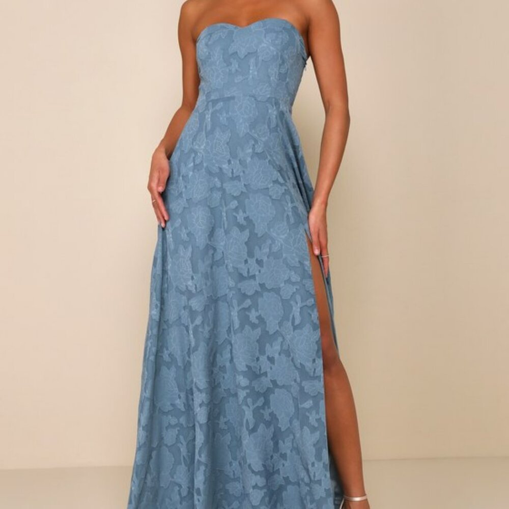 Lulus Garden Of Romance Dusty Blue Floral Burnout Strapless Maxi Dress - Size M